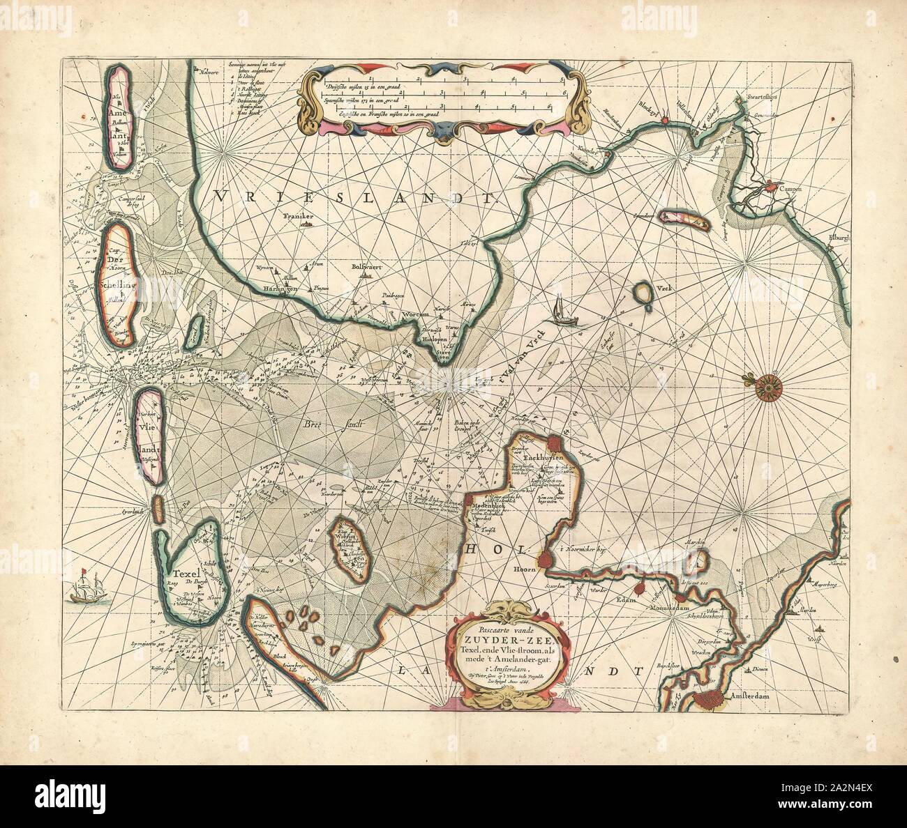 Mappa, Pascaarte vande Zuyder-Zee, Texel ende Vlie-stroom, als mede 't Amelander-Gat, calcografia stampa Foto Stock