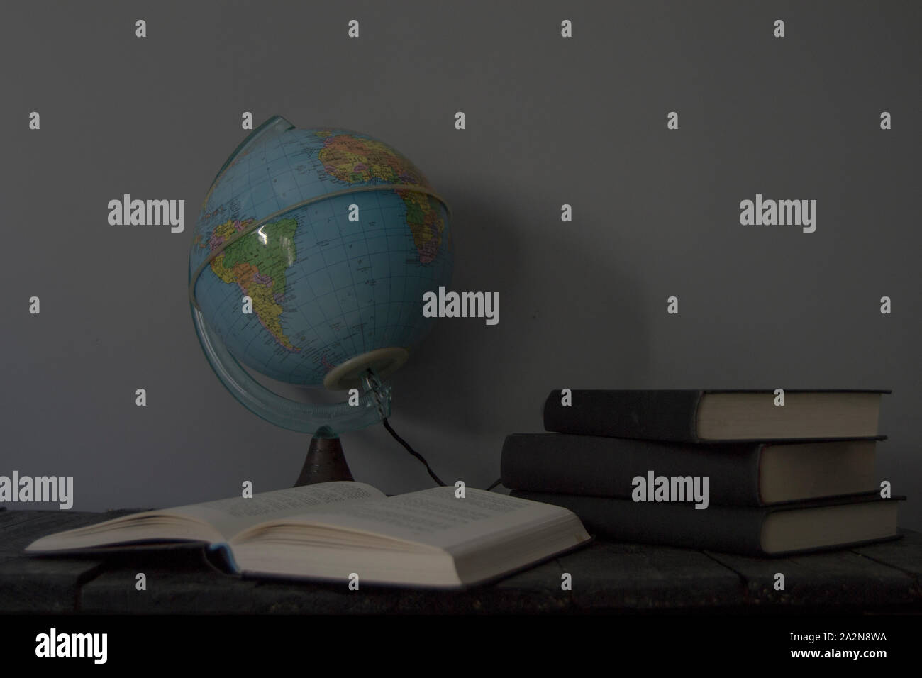 Sfera di terra con libri su sfondo grigio Foto Stock