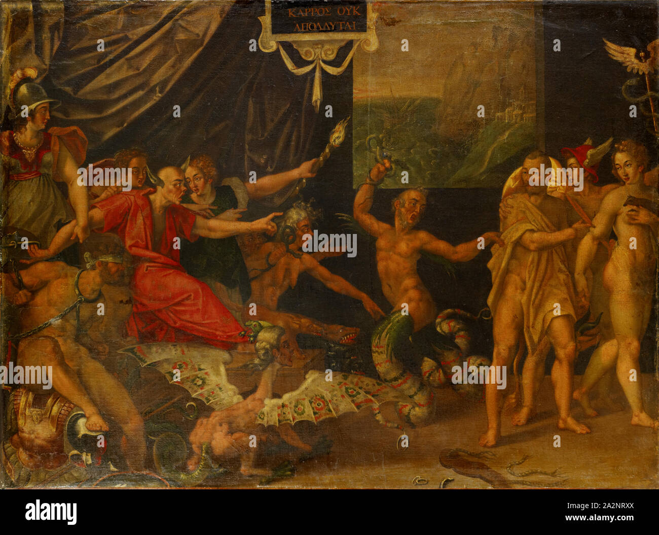La calunnia di Apelle, che è, c. 1600-1610, tecnica mista su tela, 124 x 168 cm, disattivati., iscrizione in lettere greche in lavagna in cima: KARROS OUK APOLLYTAI., Hans Bock d. Ä., Zabern/Elsass um 1550/52-1624 Basel Foto Stock