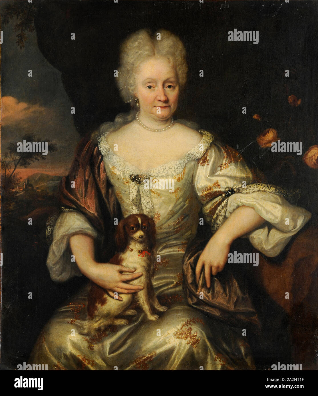 Ritratto di una dama con un cagnolino, 1697, olio su tela 62,5 x 54 cm, firmato e datato in basso a destra: R. D La Haije, 1697, Reinier de La Haye, Den Haag um 1640- nach 1684 Antwerpen Foto Stock