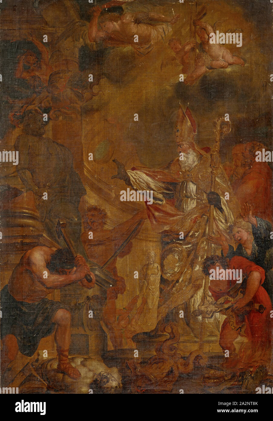 In presenza di un vescovo, gli idoli sono distrutti, olio su tela, 85 x 58,5 cm, non marcati, Venezianischer Meister, 18. Jh Foto Stock