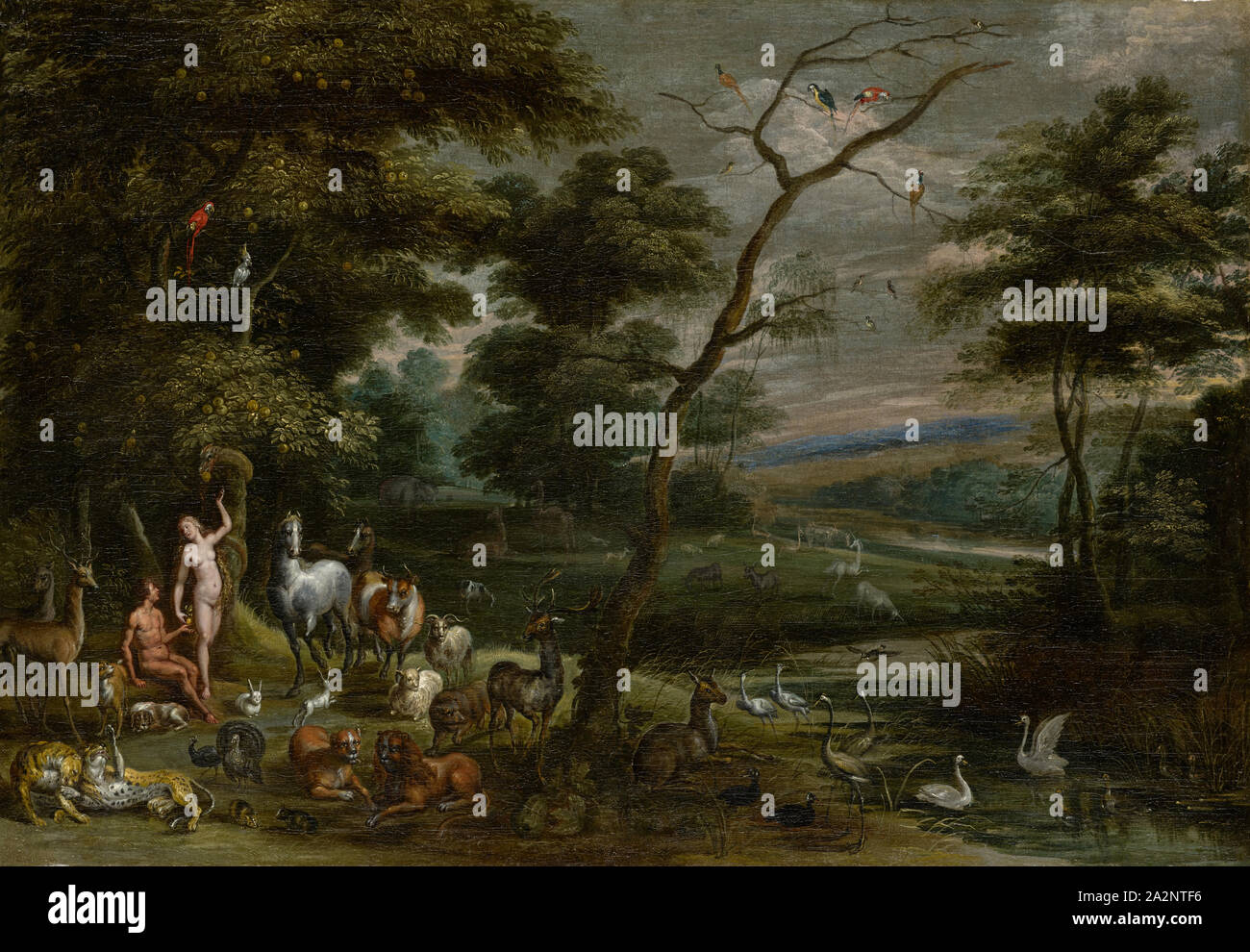 Adamo ed Eva nel Paradiso, xvii c., olio su tela 64,5 x 93 cm, non marcati, Jan Brueghel d. Ä., (Nachahmer / imitatore), Brüssel 1568-1625 Antwerpen Foto Stock