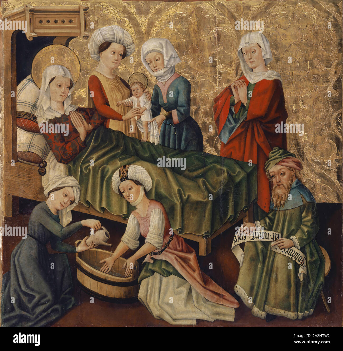 La nascita di Giovanni Battista, c. 1450/60, tecnica mista su legno di abete, 82,5 x 85 cm, disattivati., sul nastro: Johannes est nome [n] eius, Meister des Lösel-Altars, 15. Jh., tätig a Basilea Foto Stock