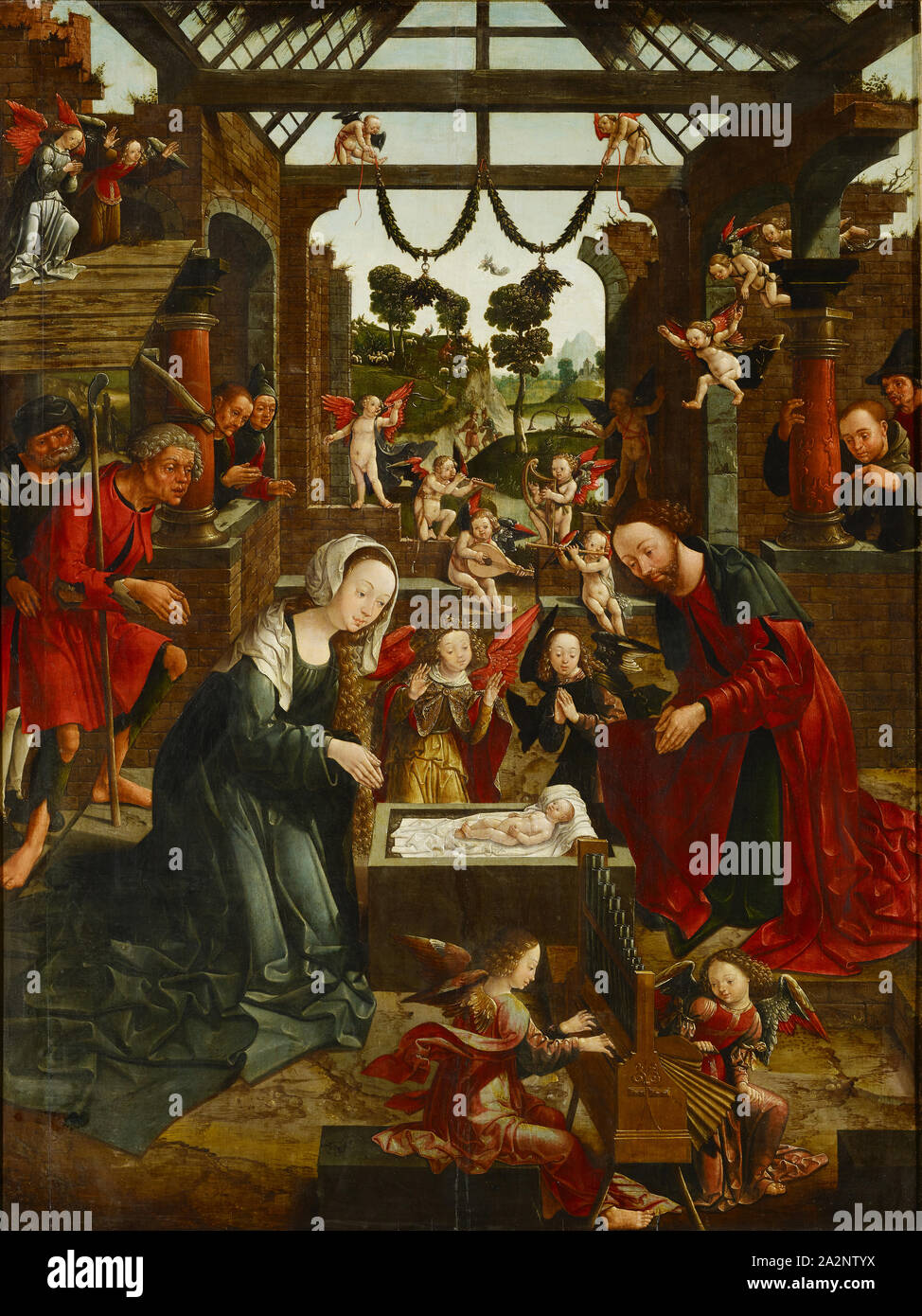 Presepe (l'ala destra di un retablo, all'interno), il hll., Laurentius e Katharina (esterno), c. 1511-1520, olio su pannello, 126,5 x 94,5 cm, unsigned, Jakob Cornelisz. van Oostsanen, Oostzaan um 1472/77-1533 Amsterdam Foto Stock