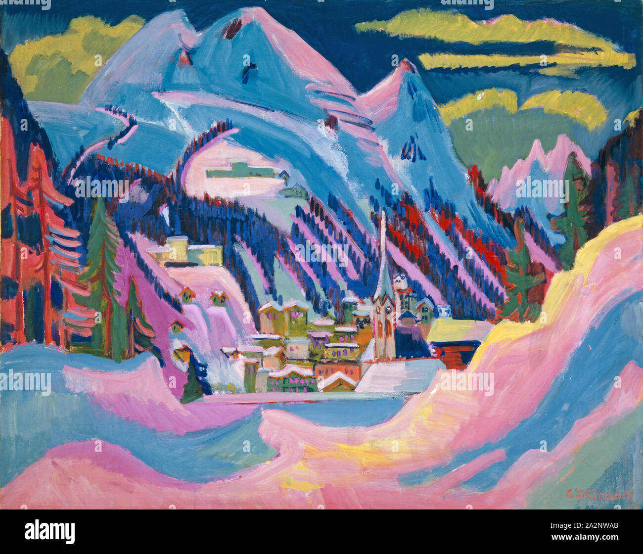 Davos in inverno., Davos nella neve, 1923, olio su tela, 120,1 x 150 cm, firmato in basso a destra: E L Kirchner, intitolato e firmate sul retro: Davos in inverno, E L Kirchner, Ernst Ludwig Kirchner, Aschaffenburg 1880-1938 Davos Frauenkirch Foto Stock