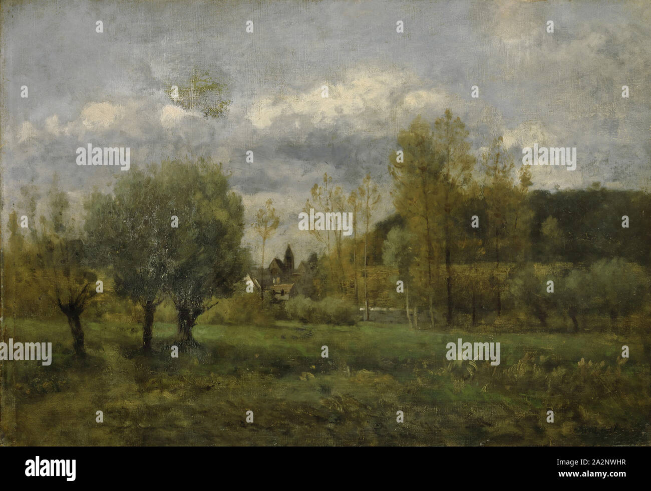 Paesaggio di villaggio, olio su tela 31,5 x 45,5 cm, firmato in basso a destra: chintreuil, Antoine Chintreuil, Pont-de-Vaux/Ain 1814-1873 Septueil/Seine-et-Oise Foto Stock