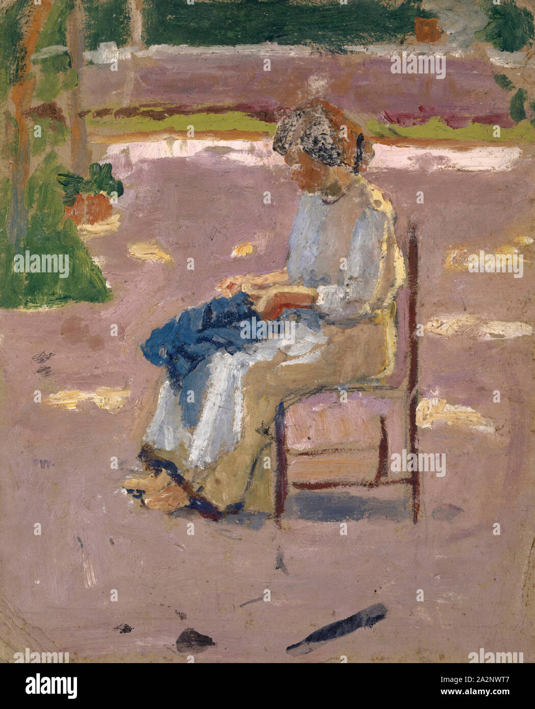 Donna di cucitura all'aperto, olio su cartone, 26,5 x 22 cm, non marcati, Französischer Maler, 19./20. Jh Foto Stock