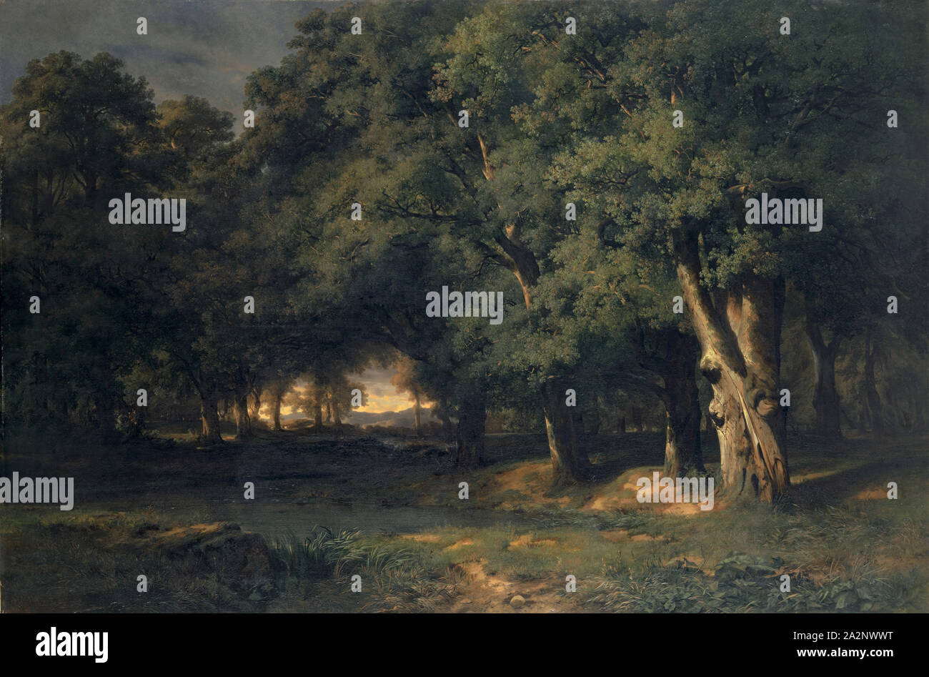 Bosco con Deer Hunt, 1844, olio su tela, 129 x 193 cm, firmato e datato in basso a sinistra: A. CALAME., GENEVE 1844, Alexandre Calame, Vevey 1810-1864 Menton Foto Stock