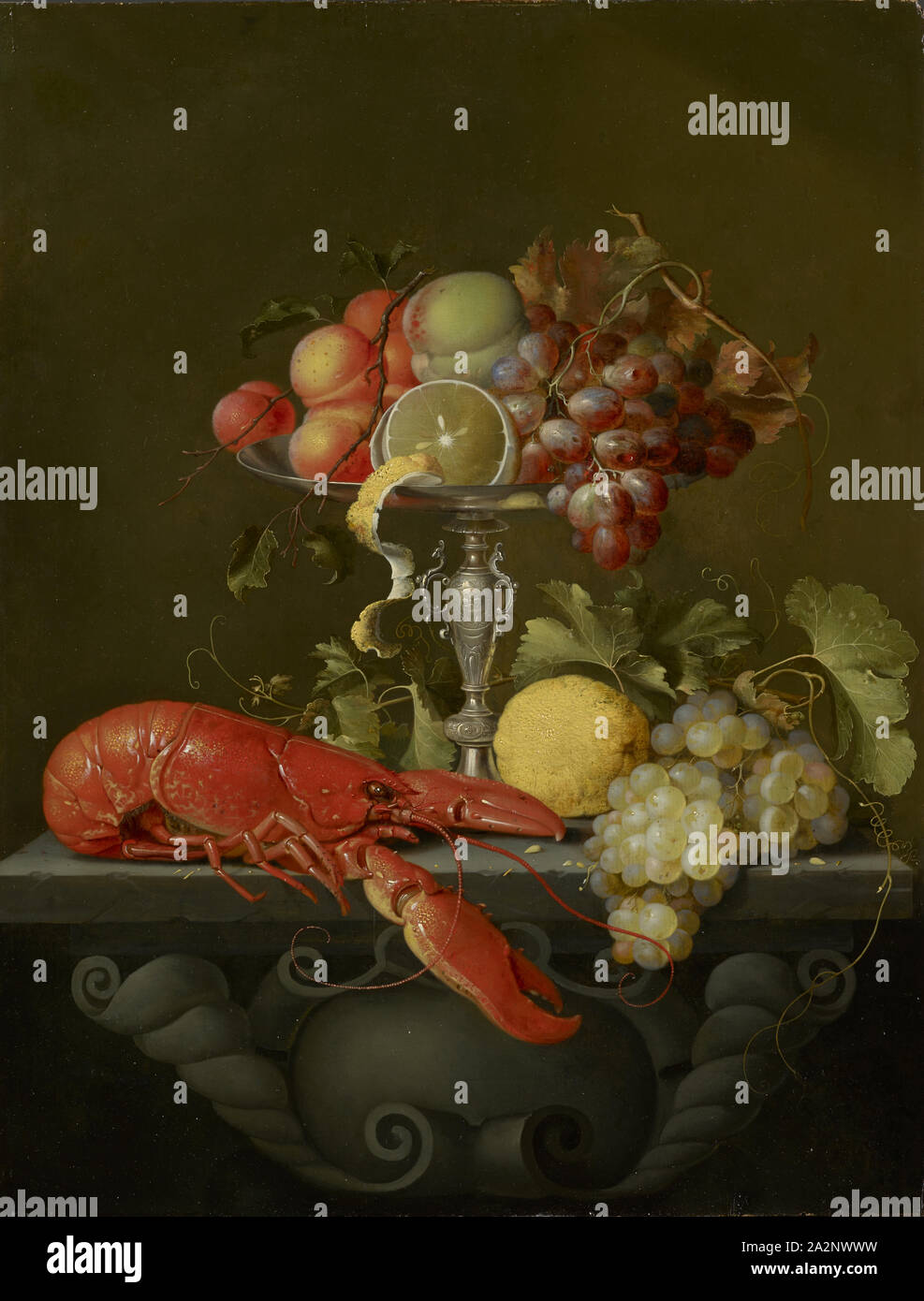 Natura morta con cesto di frutta e l'aragosta, olio su Oak, 64,5 x 49,5 cm, non specificato, Jan Davidsz de Heem, (Nachahmer / imitatore), Utrecht 1606-1683/1684 Antwerpen Foto Stock