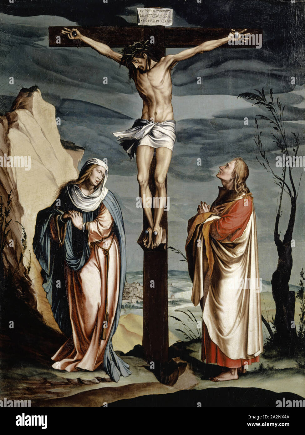 Cristo in croce tra Maria e Giovanni, c. 1560, olio su tela, montato su oak, 94,6 x 70,8 cm, disattivati., Titoli trilingue: X [Ph ligato] S NASERI REX IVDI [sic!], Jacob Clauser, (Werkstatt / officina), Zürich um 1520/25 - 1578/79 um Mulhouse, Hans Holbein d. J., (Kopie nach / copia dopo), Augsburg um 1497/98-1543 Londra Foto Stock