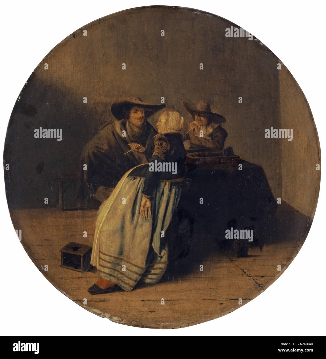 Interno con una società di fumare a tavola Olio su legno di quercia, Diametro: 44,5 cm, firmato il gradino della pedana sinistra: P Codde, Pieter Jacobsz. Codde, Amsterdam 1599-1678 Amsterdam Foto Stock