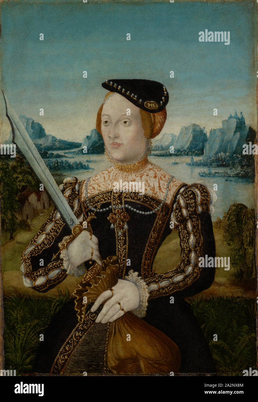 Ritratto di una donna come Judith (?), olio su carta, rifoderato con tela e montata su legno moderno pannello, 42 x 28,5 cm, non segnato, Deutscher Meister, 16. Jh Foto Stock Ritratto di una donna come Judith (?), olio su carta, rifoderato con tela e montata su legno moderno pannello, 42 x 28,5 cm, non segnato, Deutscher Meister, 16. Jh Foto Stock