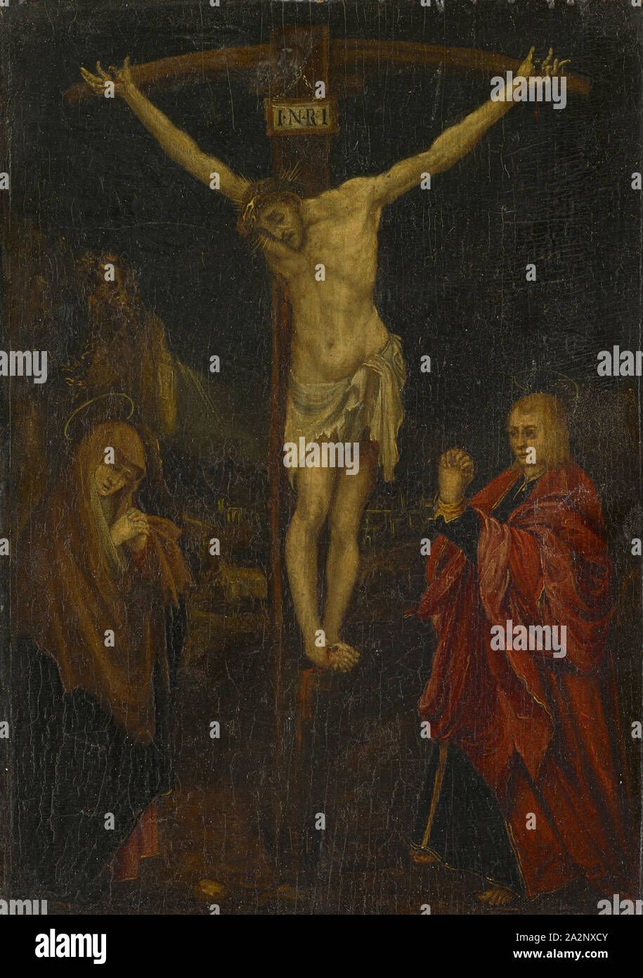 La crocifissione di Cristo, 16./17. secolo, olio su pannello, 29 x 20,5 cm, non specificato., Crosstitulus mi • N • R • I, Matthias Grünewald (Kopie nach / copia dopo), Würzburg 1480/83 - 1528 Halle an der Saale Foto Stock
