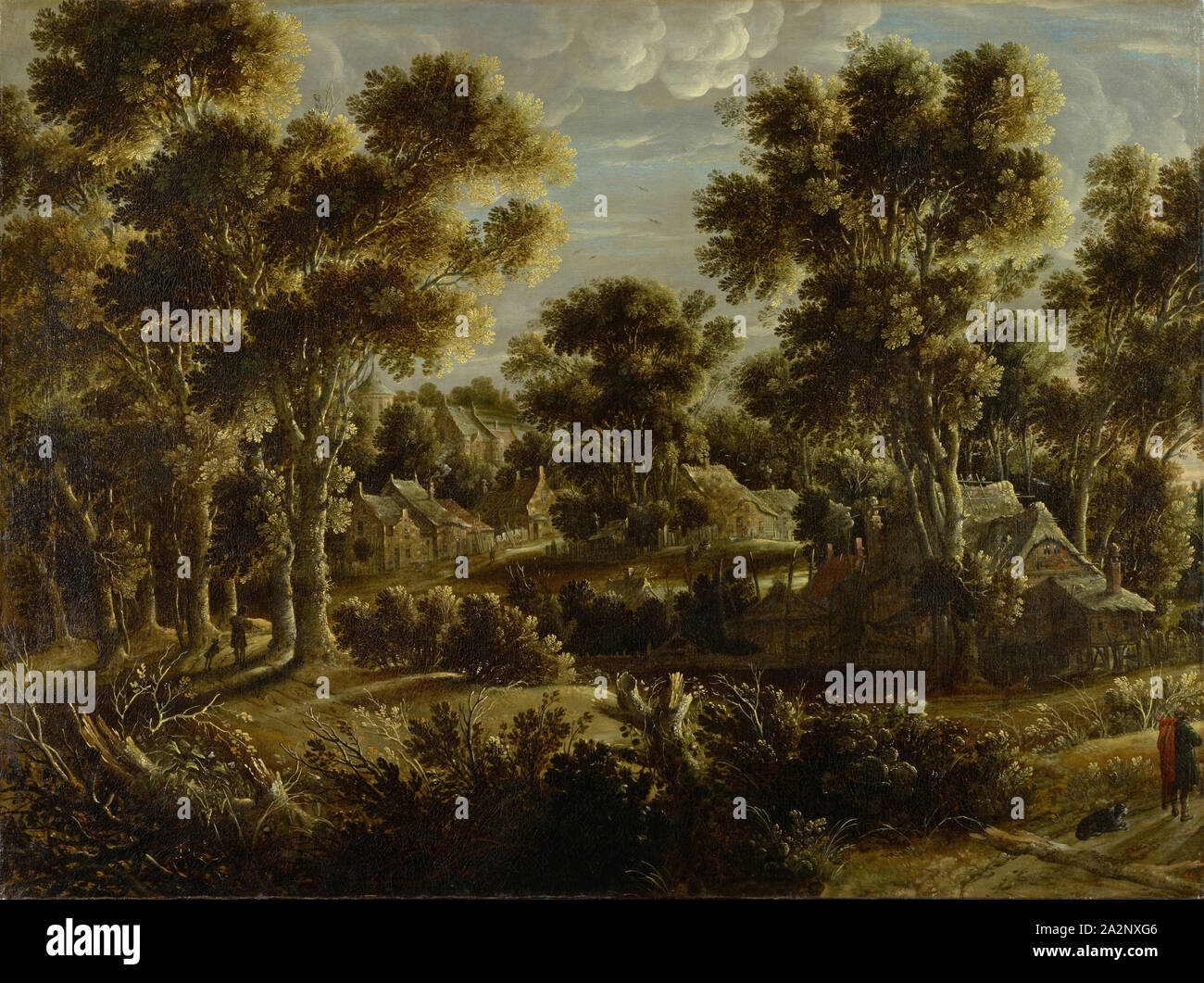Paesaggio forestale con Village, olio su tela 94,7 x 127 cm, non segnato, Gillis Claesz. de Hondecoeter, (l'arte / stile di), Antwerpen oder Mechelen um 1575 (?)-1638 Amsterdam Foto Stock