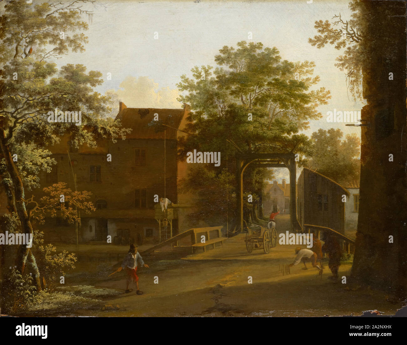 Village Street con ponte levatoio, olio su legno di quercia, 27 x 34,5 cm, originariamente completamente inscritta in basso a destra, ormai illeggibili, Jan entrambi, Utrecht (?) um 1615/18-1652 Utrecht Foto Stock