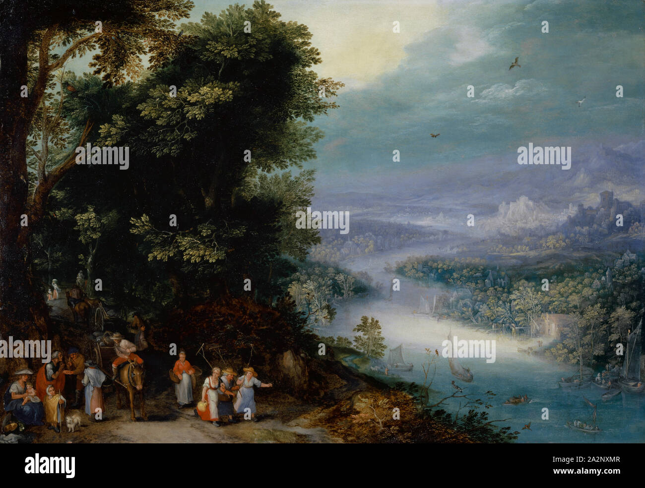 Woody River Valley con passo carraio, intorno al 1602, olio su rame, 33 x 47,5 cm, non segnato, Jan Brueghel d. Ä., Brüssel 1568-1625 Antwerpen Foto Stock