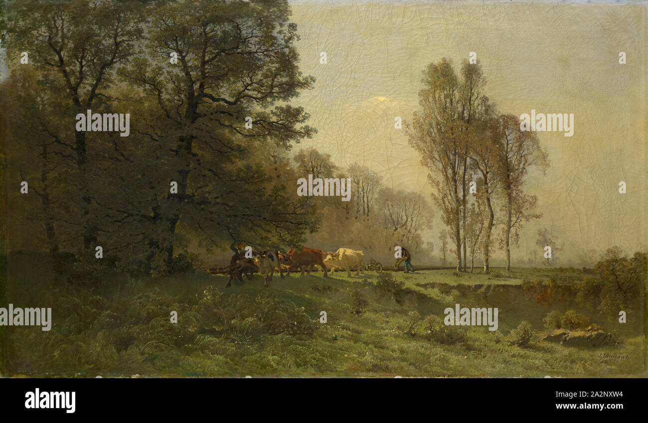 Paesaggio con contadini di aratura, olio su tela 76,5 x 130 cm, firmato in basso a destra: J. Dunant., Jacques Dunant, Genf 1825-1870 Genf Foto Stock