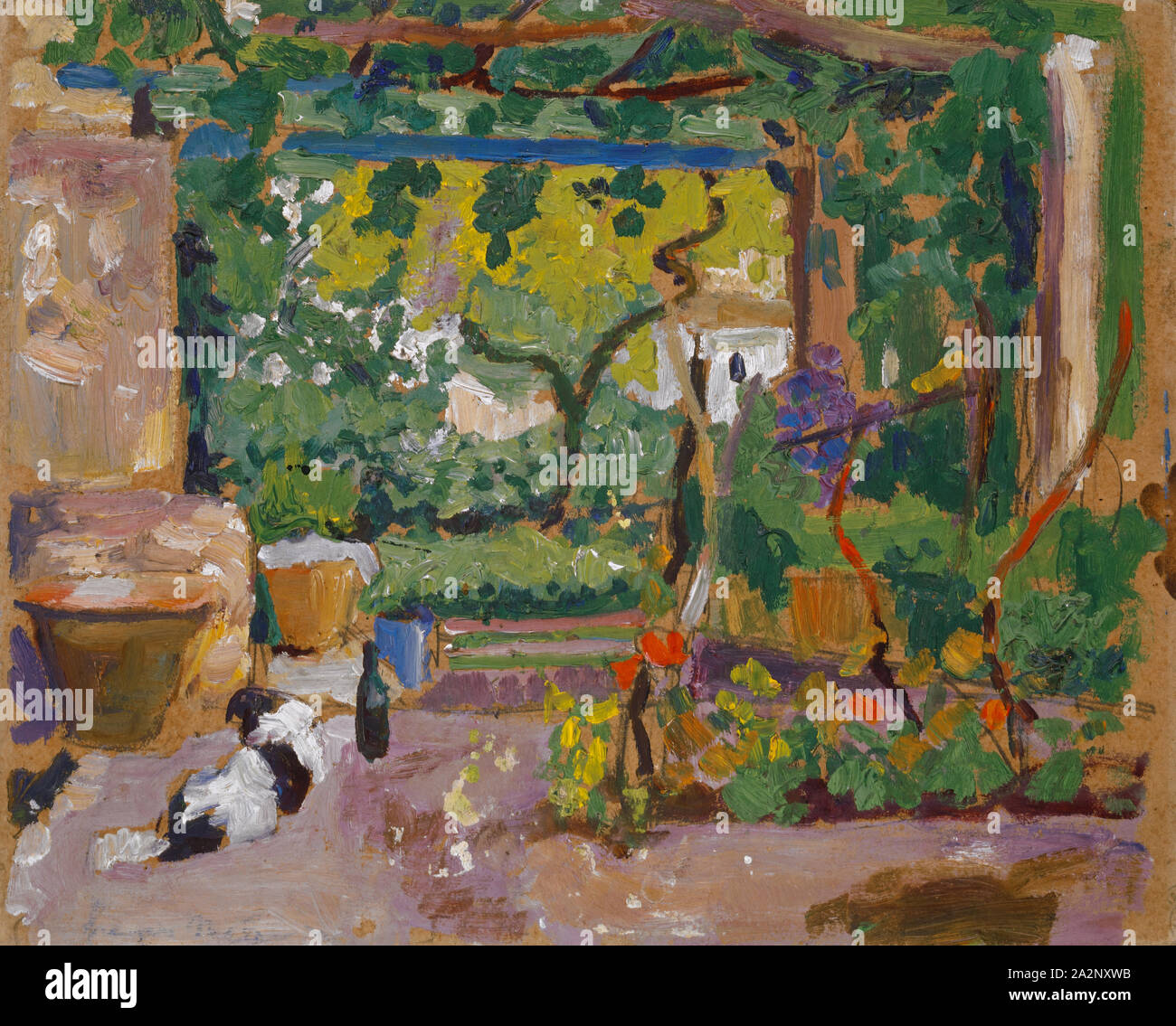 Giardino meridionale, olio su tavola, 22 x 27 cm, non segnato, Französischer Maler, 19./20. Jh Foto Stock
