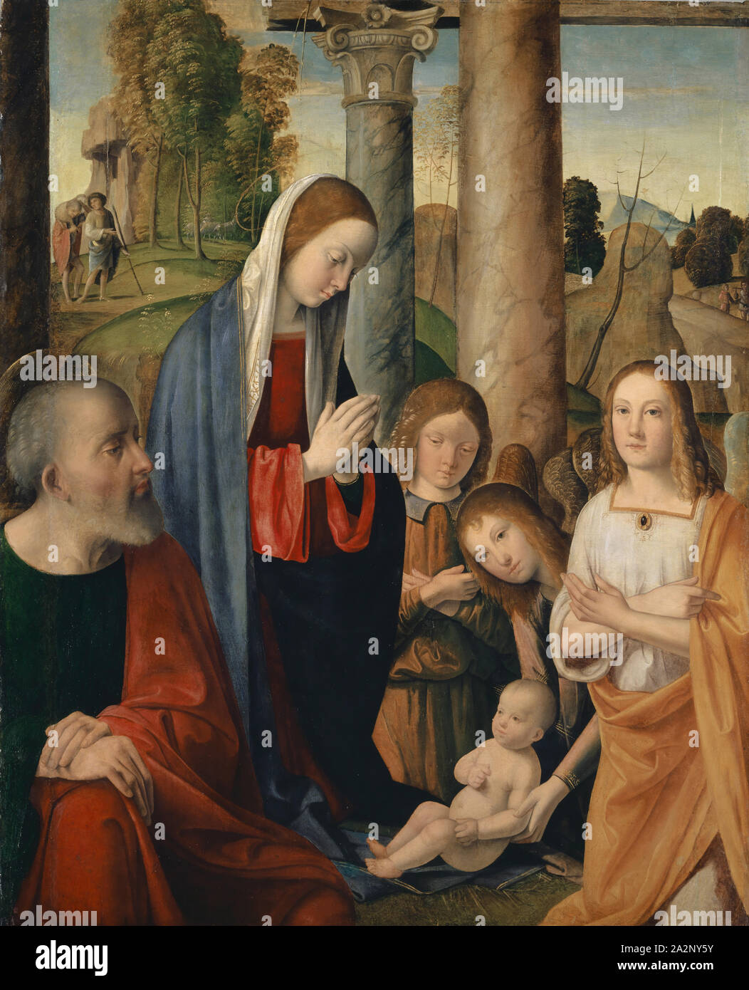 La natività, tempera su legno di pioppo, 88,8 x 72,3 cm, non marcati, Marco Palmezzano, Forlì 1459/63-1539 Forlì Foto Stock