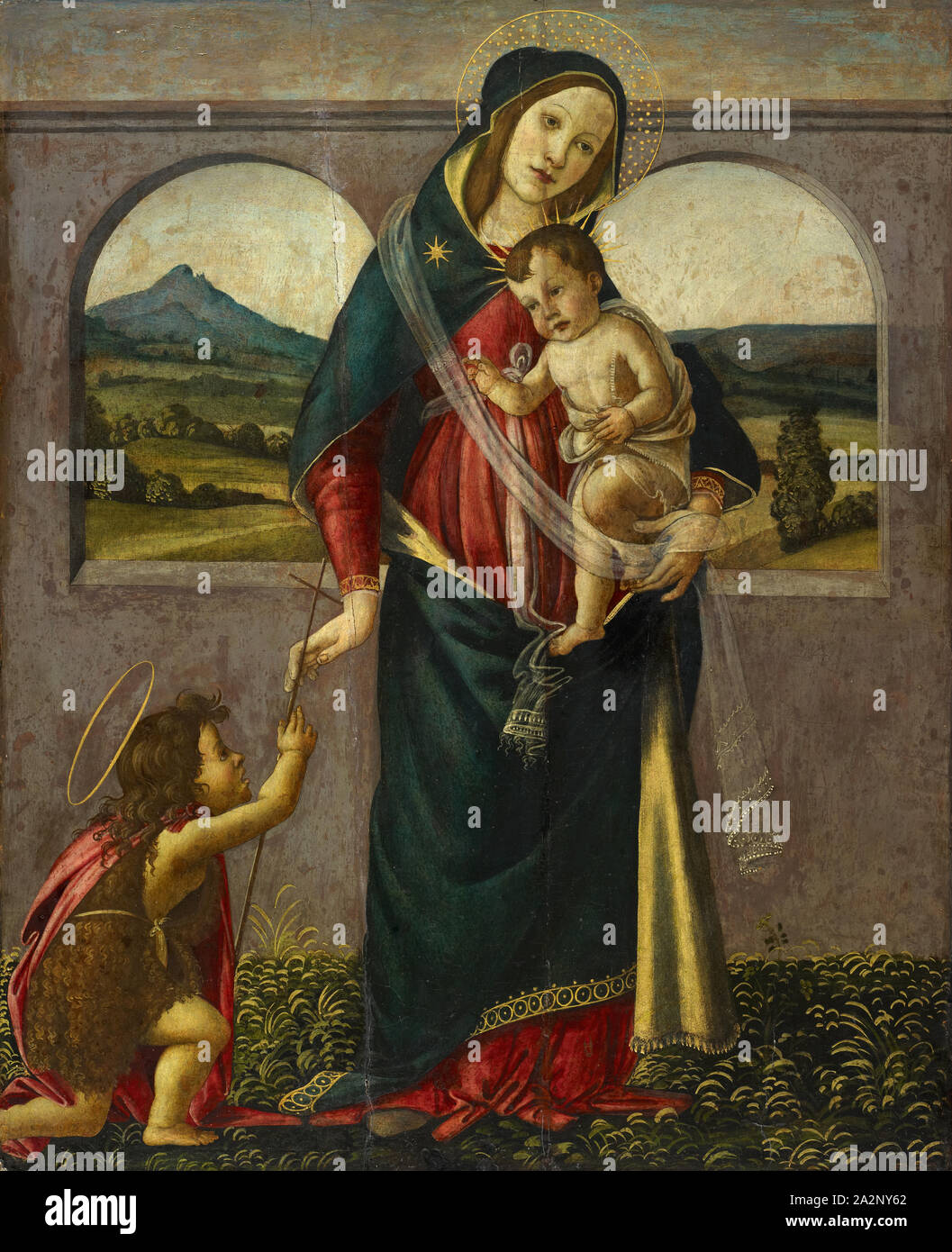 Madonna con il bambino e il Johannesknaben, mixed media su legno di pioppo, 78,5 x 64,3 cm, unsigned, Sandro Botticelli, (Schule / scuola), Florenz um 1445-1510 Florenz Foto Stock