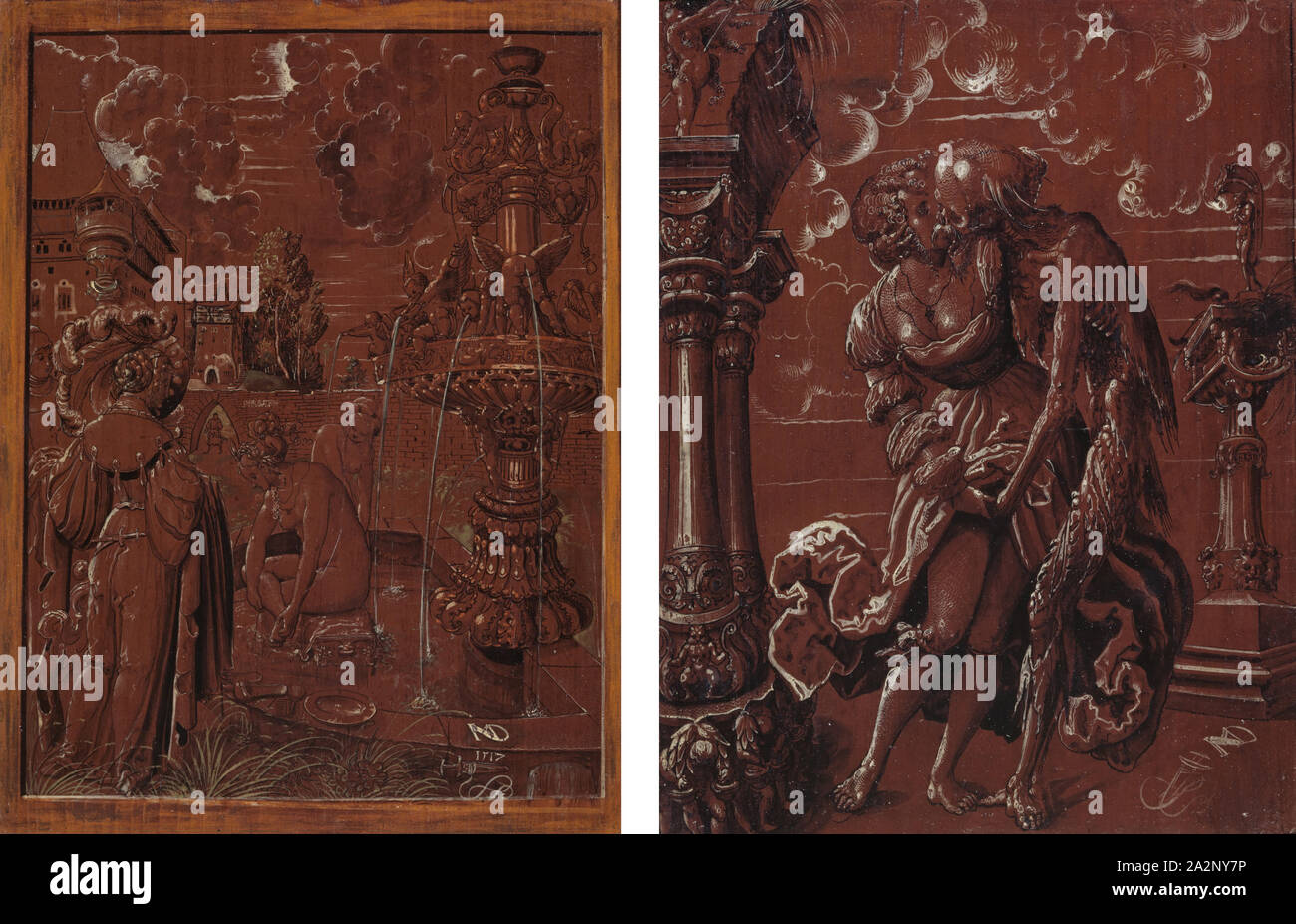 Betsabea nel bagno (anteriore), la morte come un soldato include una giovane donna (retro), 1517, tecnica mista su legno di abete, 38,2 x 29,2 cm, firmato su entrambi i lati inferiore destro con il monogramma NMD [ligato] e il pugnale signet con prua sulla parte anteriore tra i due, datata 1517. Al di sopra della figura principale sulla parte anteriore bianca iscrizione PERSABE., sul retro nero KISN iscrizione [?] sulla colonna destra., Niklaus Manuel gen. Deutsch, Berna um 1484-1530 Berna Foto Stock