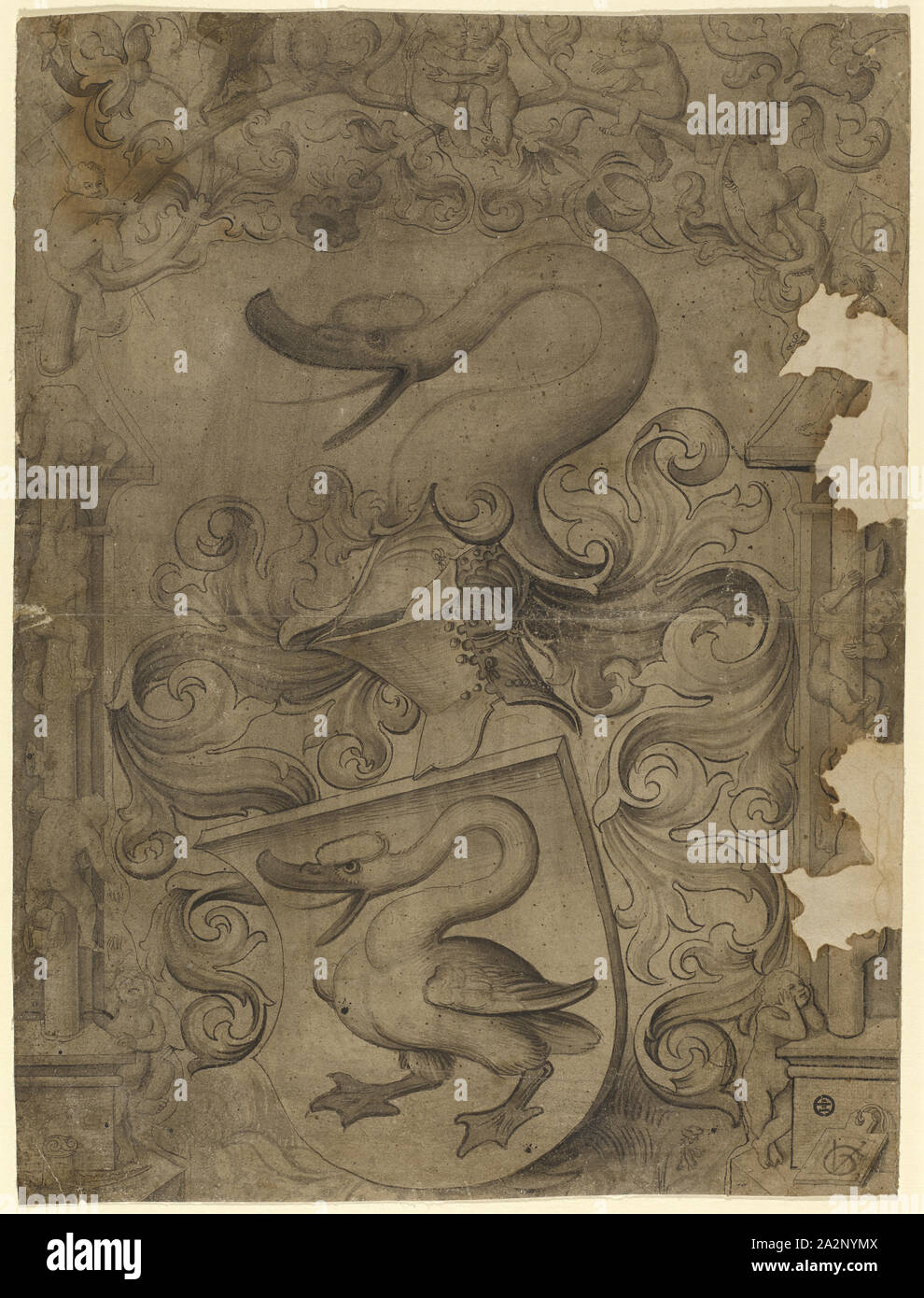 Disco con strappo swan stemma, bambini che giocano su un lato e sull'immagine in alto, attorno al 1508, la penna e il pennello in marrone scuro e marrone scuro lavato, il retro: matita nera, folia: 41,4, 42 x 31.1 cm /31,5 cm, O. r., monogrammed sul banner con un pennello in grigio: VG [lig.], u., r., monogrammed su compresse: VG [lig.], sul piedistallo del montante sinistro del borace bush, Urs Graf, Solothurn um 1485 - 1527/28 Foto Stock