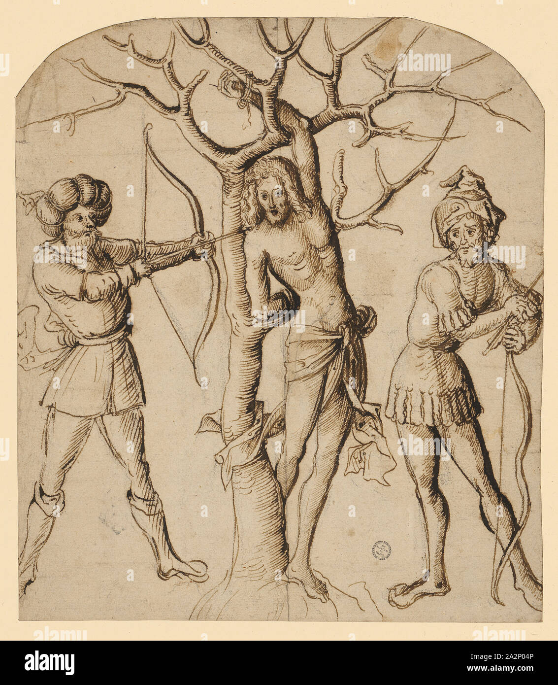 La tortura di San, Sebastian, c. 1500, quill in marrone, su una luce carbon copy, laminato, pagina: 23,5 x 20,4 cm, unsigned, Anonym, Oberrhein, um 1500 Foto Stock