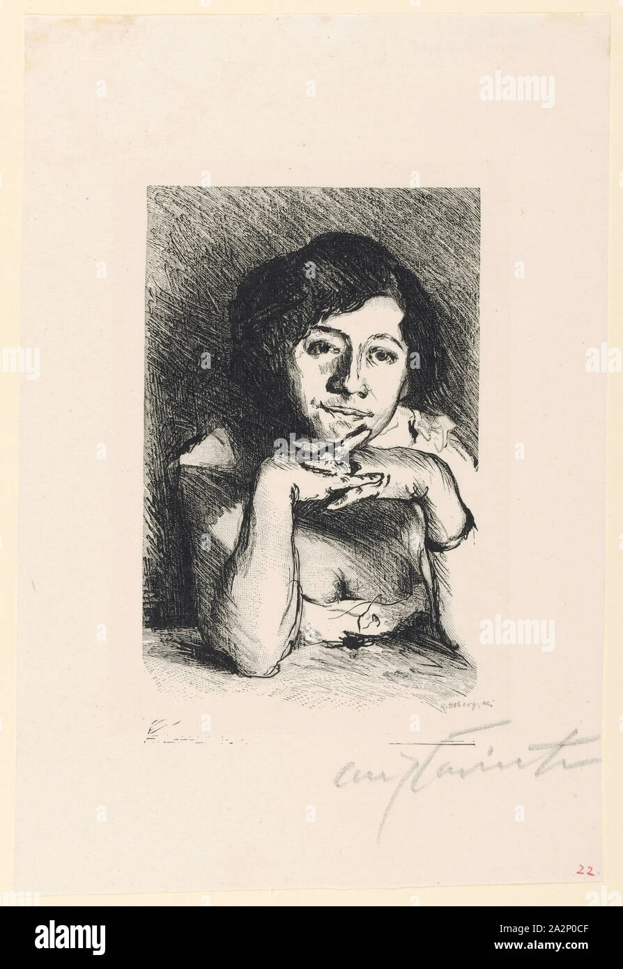 Ritratto di una donna, 1911, incisione su legno, nero: 15 stampe, foglio: 21,9 x 14,8 cm |, Picture: circa 13 x 8,5 cm, in stampa r., firmato di seguito: R. Hoberg sc [... illeggibile [, r., firmato sotto a matita: Lovis Corinth, Lovis Corinth, Entwerfer, Tapiau/Ostpreussen (heute Gwardjesk, Russland) 1858-1925 Zandvoort, Reinhold Hoberg, Stecher, Berlin 1859-1932 Zingst Foto Stock