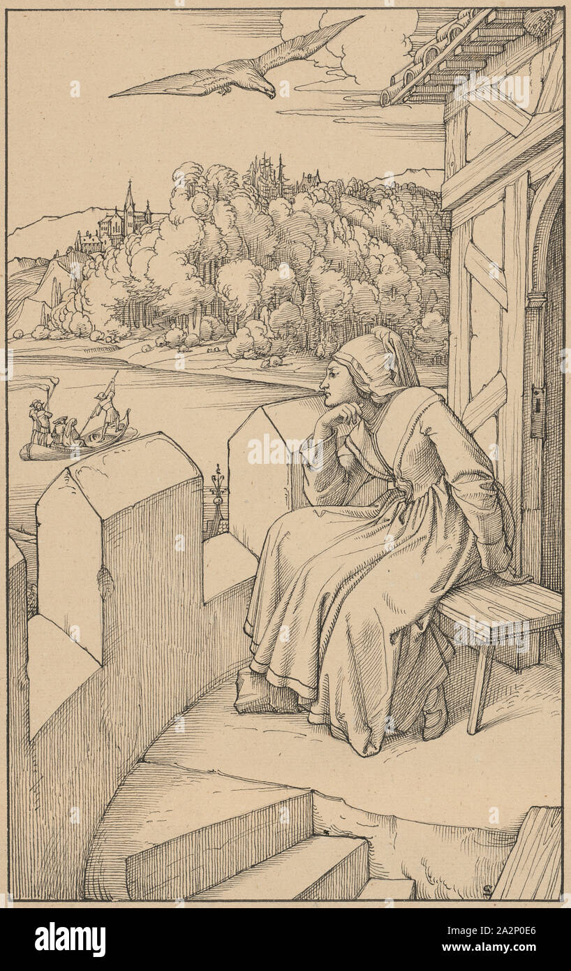 Per Brentano è la cronaca di un viaggio la pupilla, penna in nero su matita, ai limiti di norma, montate, foglio: 31,3 x 19,4 cm |, IMMAGINE: 30,1 x 18,7 cm, il brevetto statunitense n. r., monogrammed con penna in nero accanto a una tavola di legno: ES [divorato], Edward Jakob von Steinle, Wien 1810-1886 Francoforte Foto Stock