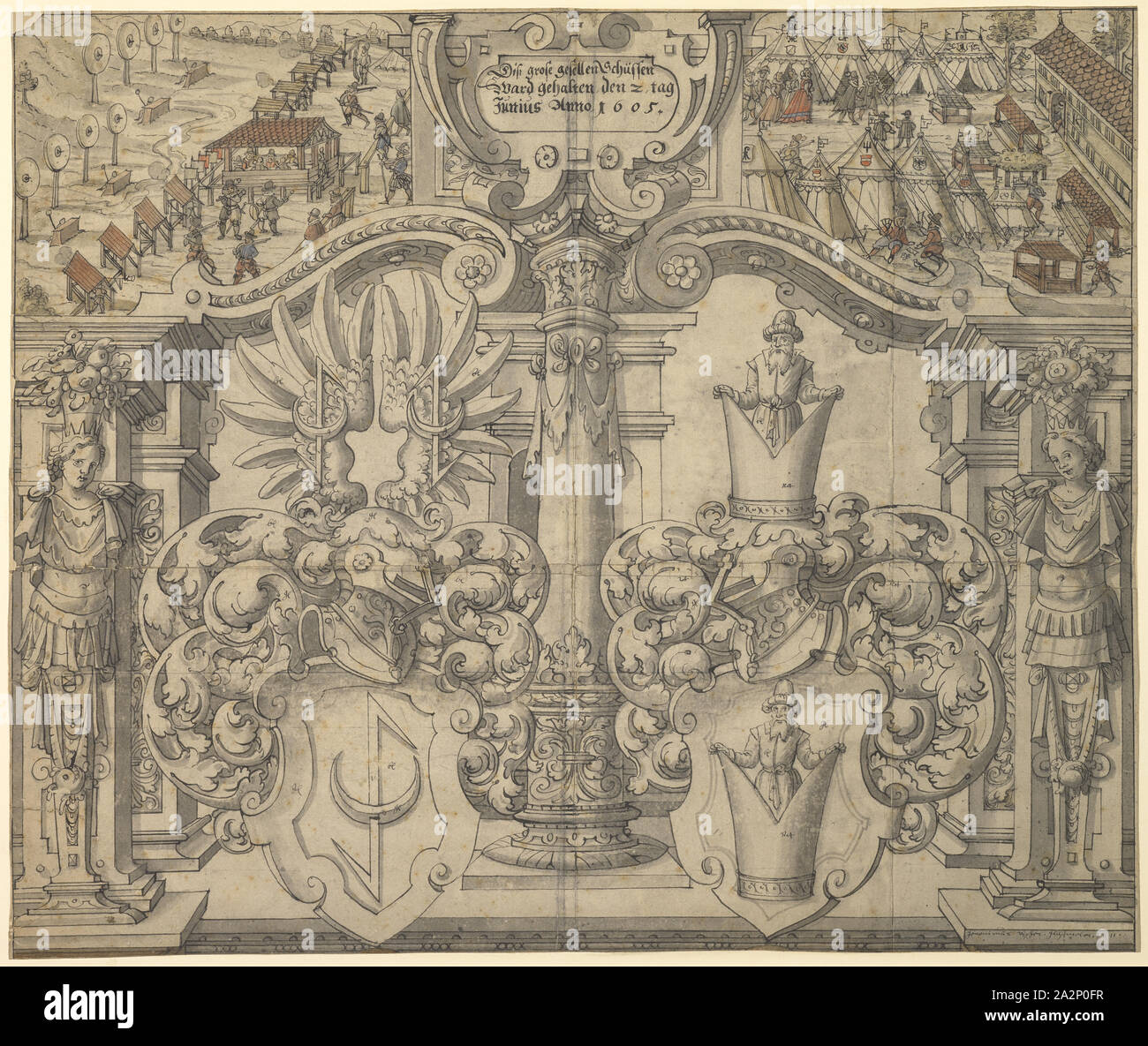 Vetro rotto con gli stemmi di Lukas Martin e Heidelin, nella foto in alto l'artigiano riprese in parte anteriore del Basilea shooting club nel 1605, 1611, giù in nero, grigio lavato, in luoghi watercolored colorati, montate, foglio: 48 x 57,4 cm, OM contrassegnato: DIS2 grandi unita scatti, si è tenuto il 2° giorno, Iunio Anno 1605, u, ., r., firmata e datata: Jeronimus vischer., glasmoler, ., 1611, ., colore, Hieronymus Vischer, Basilea 1564-1630 Basel Foto Stock