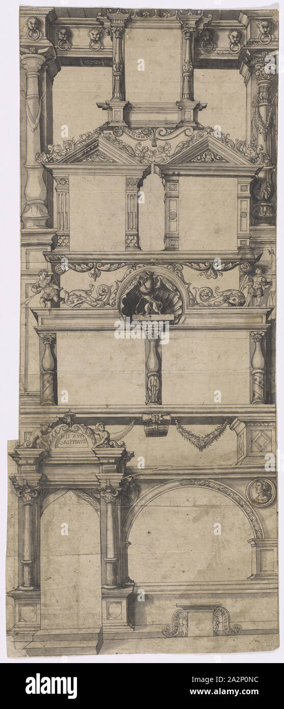 Design per una facciata pittura presso la casa Zum Greifenstein a Basilea, la prima metà del XVI secolo, penna in nero, su chalk outline, grey wash, composto da due archi e una stretta striscia in basso a sinistra, pagina: 75,6, 76,6 x 30,4 cm, 32,5 cm, sopra la porta: COME A PORTATA DI MANO, maniglia, Hans Holbein d. J., (Nachfolger / follower), Augsburg um 1497/98-1543 Londra, Matthäus Han, (?), Basilea um 1513- vor 1594 Basel Foto Stock