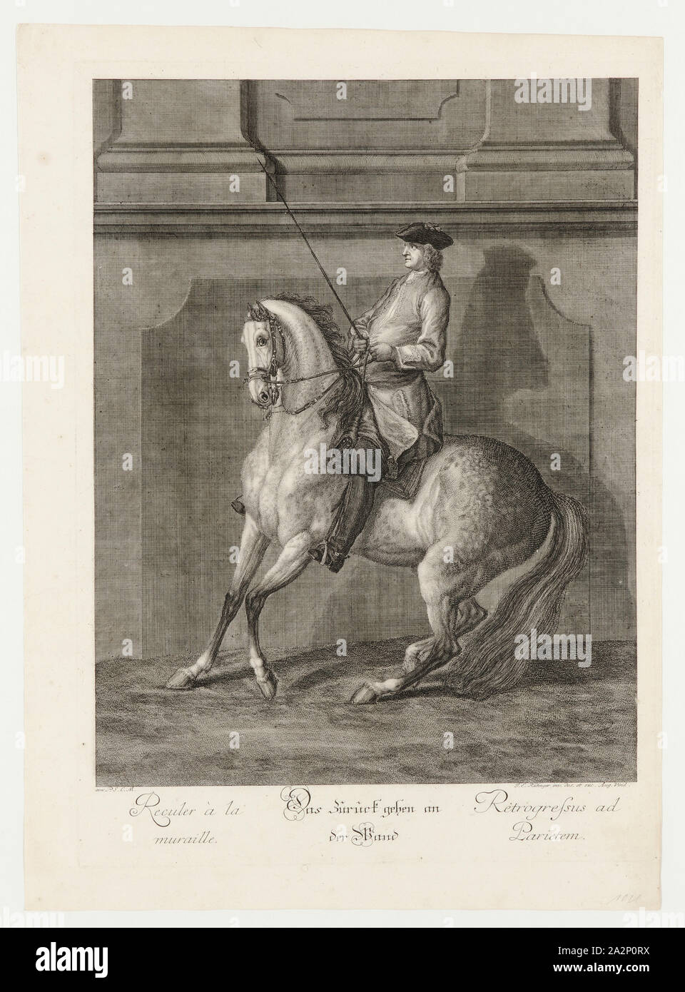 Tornando alla parete, 1734, attacco, foglio: 60,2 x 43,6 cm |, Piastra: 54,7 x 39,4 cm, U.l., sotto l'immagine: avec P.S.C.M ., et al.: J. E. Ridinger inv. des. et excud., Agosto Vind., Johann Elias Ridinger, Ulm 1698-1767 Augusta Foto Stock