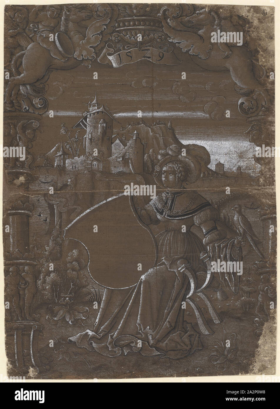 Disco con strappo titolare di schermo vuoto con stemma, un falco sul braccio sinistro, 1529, penna in nero, grigio lavato, intensificata in bianco su marrone scuro carta innescato, il retro: carbone, foglio: 42 x 30,3 cm, O. M. con penna datato in nero: 1529, Niklaus Manuel gen. Deutsch (Umkreis / Circle), Berna um 1484-1530 Berna, Christoph Bockstorffer, (?), Memmingen um 1480 - vor 1553 Colmar Foto Stock