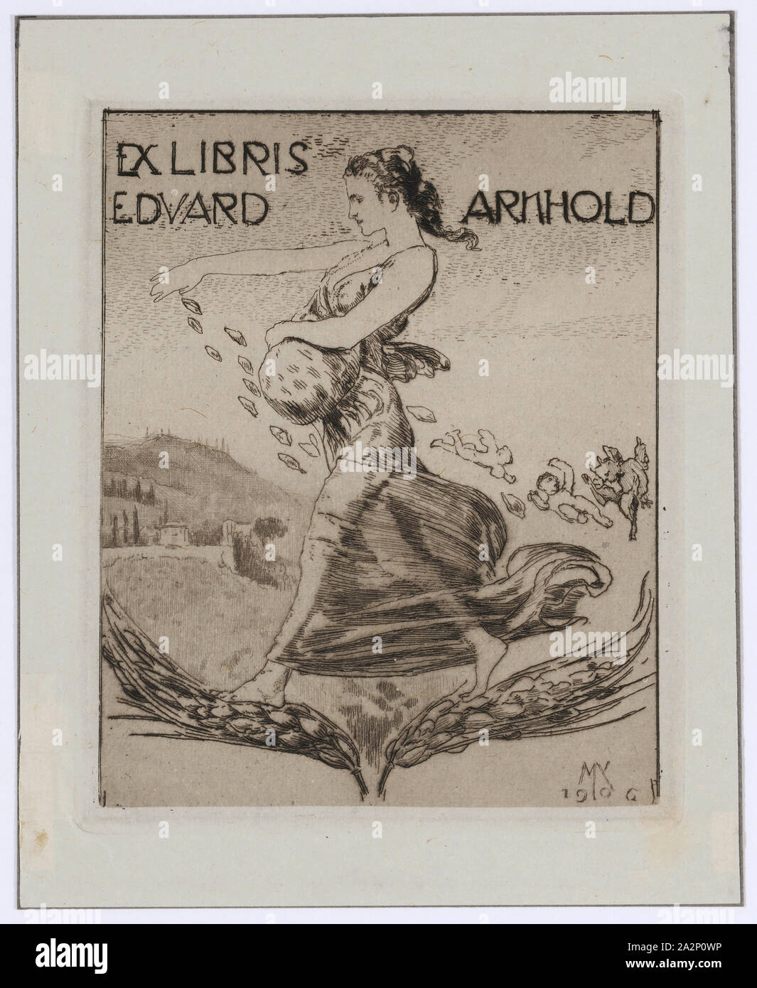 Ex Libris Eduard Arnhold, 1906, incisione su sottile Cina carta montata su grigio scuro cartone, foglio: 16,3 x 13,1 cm |, Piastra: 12,7 x 10,2 cm, nella piastra u., r., monogrammed e datata: MK, 1906 Max Klinger, Lipsia 1857-1920 Grossjena bei Naumburg Foto Stock