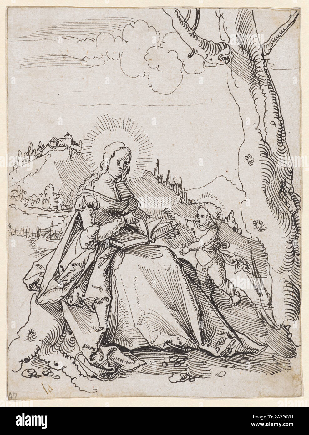 Maria con un bambino nel paesaggio, c. 1516, giù in nero, ufficiale: 14,8 x 11,2 cm, Unsigned, Hans Leu d. J., Zürich um 1490-1531 in der Schlacht am Gubel Foto Stock