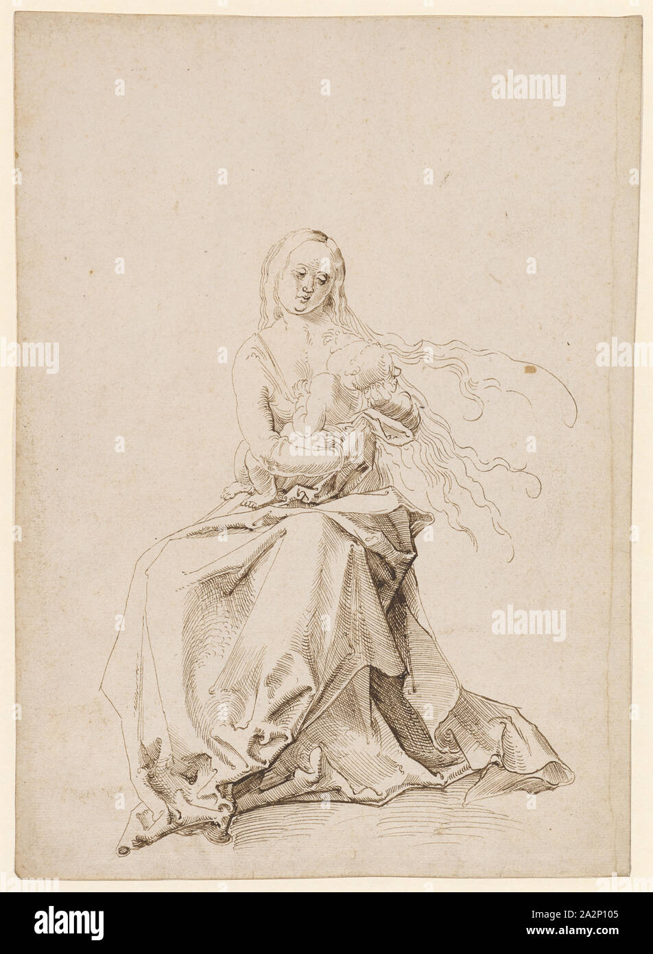 Maria con Bambino, giù in marrone, Leaf: 30,5 x 21,7 cm, non segnato, Anonym, Oberrhein (sog. Pseudo-Leu Foto Stock