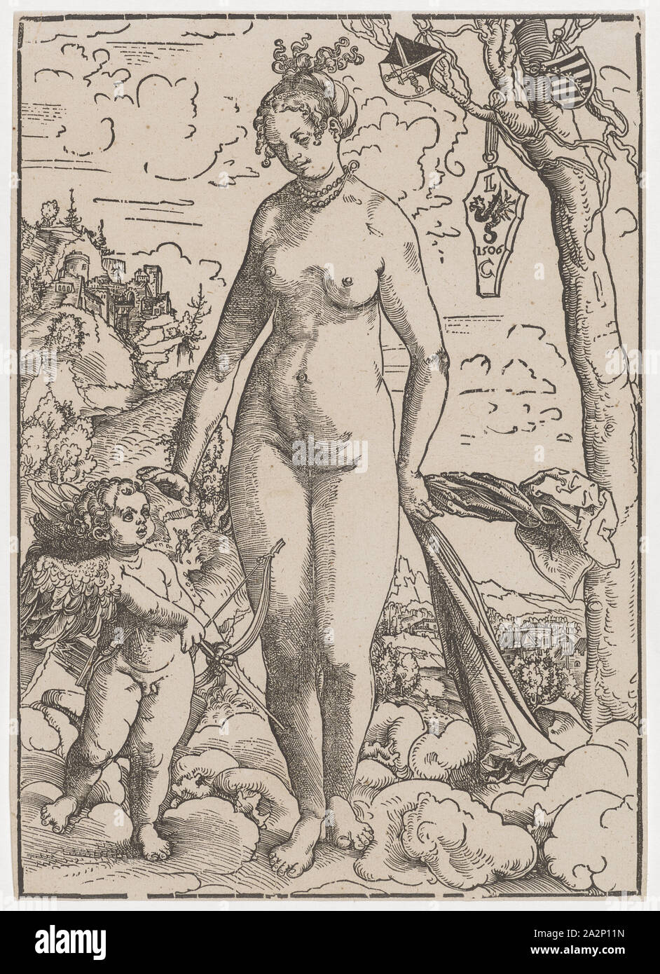 Venere ed Amore, intorno al 1509, xilografia, leaf: 28,7 x 20 cm |, IMMAGINE: 28,4 x 20 cm, O. r., monogrammed e datate nello stemma: L, 1506, C con serpente alato, Lucas Cranach d. Ä., Kronach 1472-1553 Weimar Foto Stock