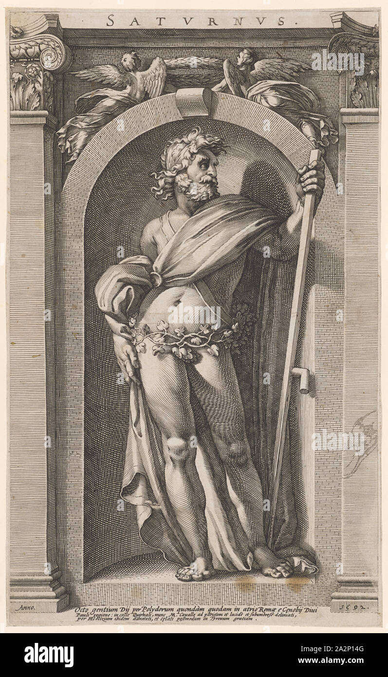 Saturno, 1592, calcografia, Piastra: 35,6 x 21,5 cm |, foglio: 35,8 x 21,7 cm, O. M. scritto: SATVRNVS ., u, ., l, . e r., datata: Anno 1592, u, ., denota: Octo gentium Dij da Polydorum quondam quodam in atrio Romae e C [a] enobij Diui, Pauli regione: in colle Quirinali, nunc M. Cauallo ad parietem et lucide et subumbrose deliniati, da HGoltzium [HG lig.] ibidem adnotati, et c [a] elati postmodum in Tyronum gratiam., Hendrick Goltzius, Stecher, Mühlbrecht 1558-1617 Haarlem, Polidoro Caldara, gen. da Caravaggio, inventore, Caravaggio bei Bergamo um 1499 (?) - 1543 Messina Foto Stock