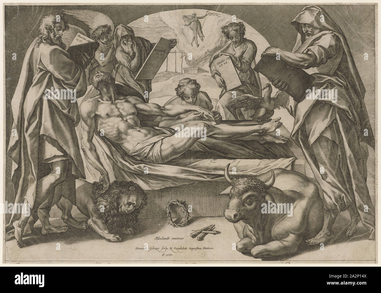 La salma di Cristo e i quattro Evangelisti, 1583, calcografia, foglio: 31 x 44,7 cm, U. M. inscritta e datata: ABloclandt [AB lig.] Inuentor., Henricus Goltzius sculp,, Hendrick Goltzius, Stecher, Verleger, Mühlbrecht 1558-1617 Haarlem, Anthonie Blocklandt, inventore, Montfoort 1533/34-1583 Utrecht Foto Stock