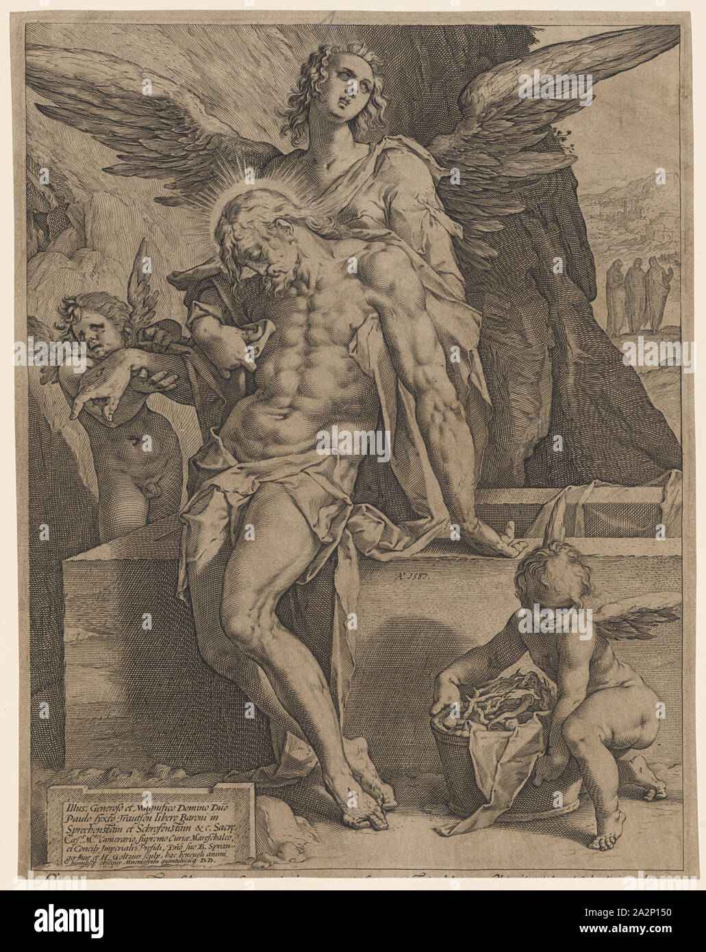Il Corpse Christi, supportato da angeli, 1587, incisione su rame, foglio: 33,5 x 26,4 cm, datato nel M. sulla lapide: un ° 1587, u, ., l, ., inscritto: Illus: Generoso et Magnifico Domino D [omi] No, Paulo syxto Trautson libero Baroni, Sprechenstain et Schrofenstain, Hendrick Goltzius, Stecher, Mühlbrecht 1558-1617 Haarlem, Bartolomeo Spranger, inventore, Antwerpen 1546-1611 Prag Foto Stock