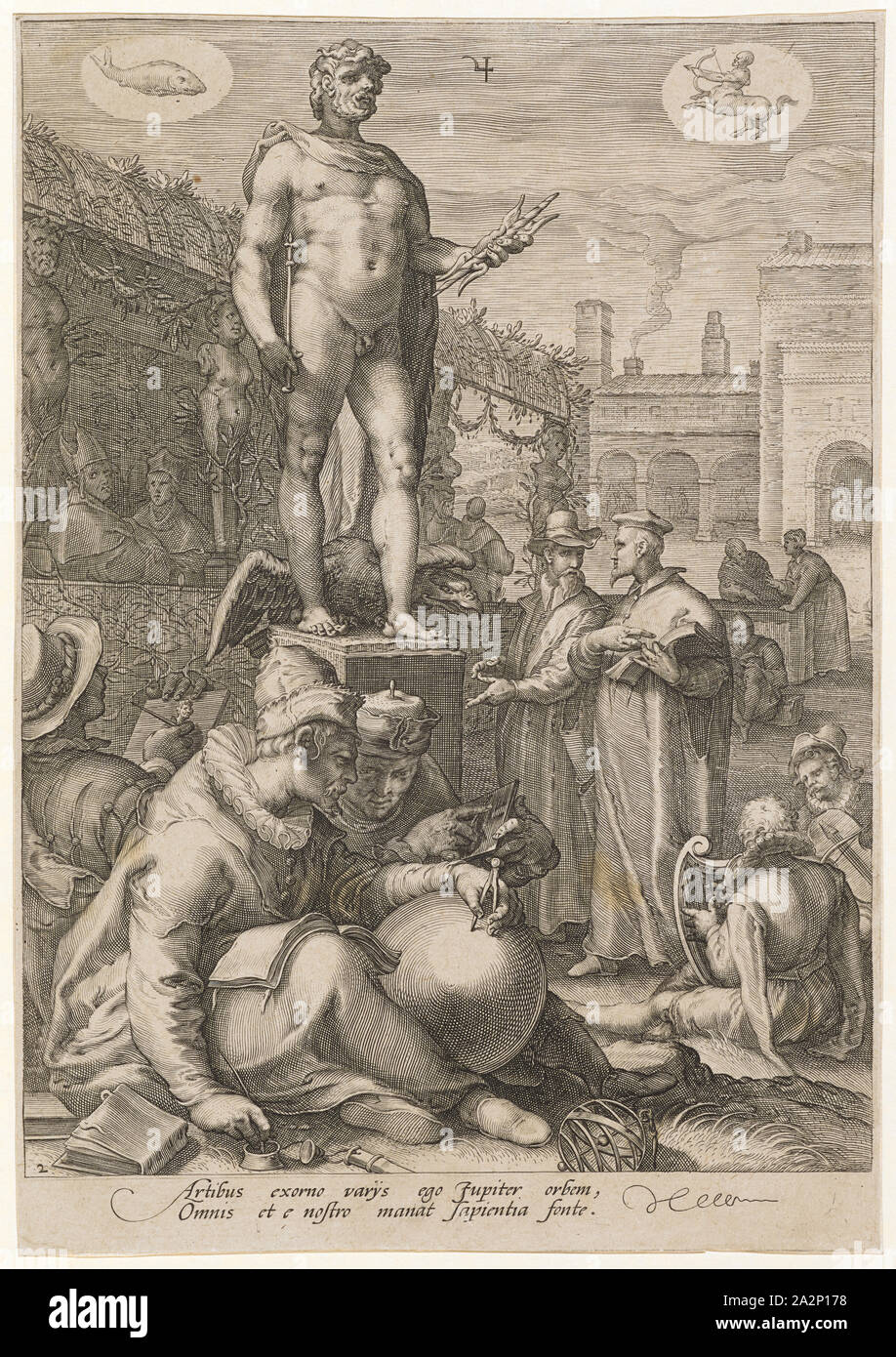 Giove come protettore delle scienze e delle arti, 1596, incisione su rame, foglio: 25,4 x 17,7 cm (rifilato appena all'interno del bordo della piastra), il brevetto statunitense n. l., numerati: 2, sotto il campo immagine indica: Artibus exorno varia ego Giove orbem, Omnis et e nostro, manat sapientia fonte., Jan Saenredam, Stecher, Zaandam 1565-1607 Assendelft, Hendrick Goltzius, inventore Mühlbrecht 1558-1617 Haarlem Foto Stock