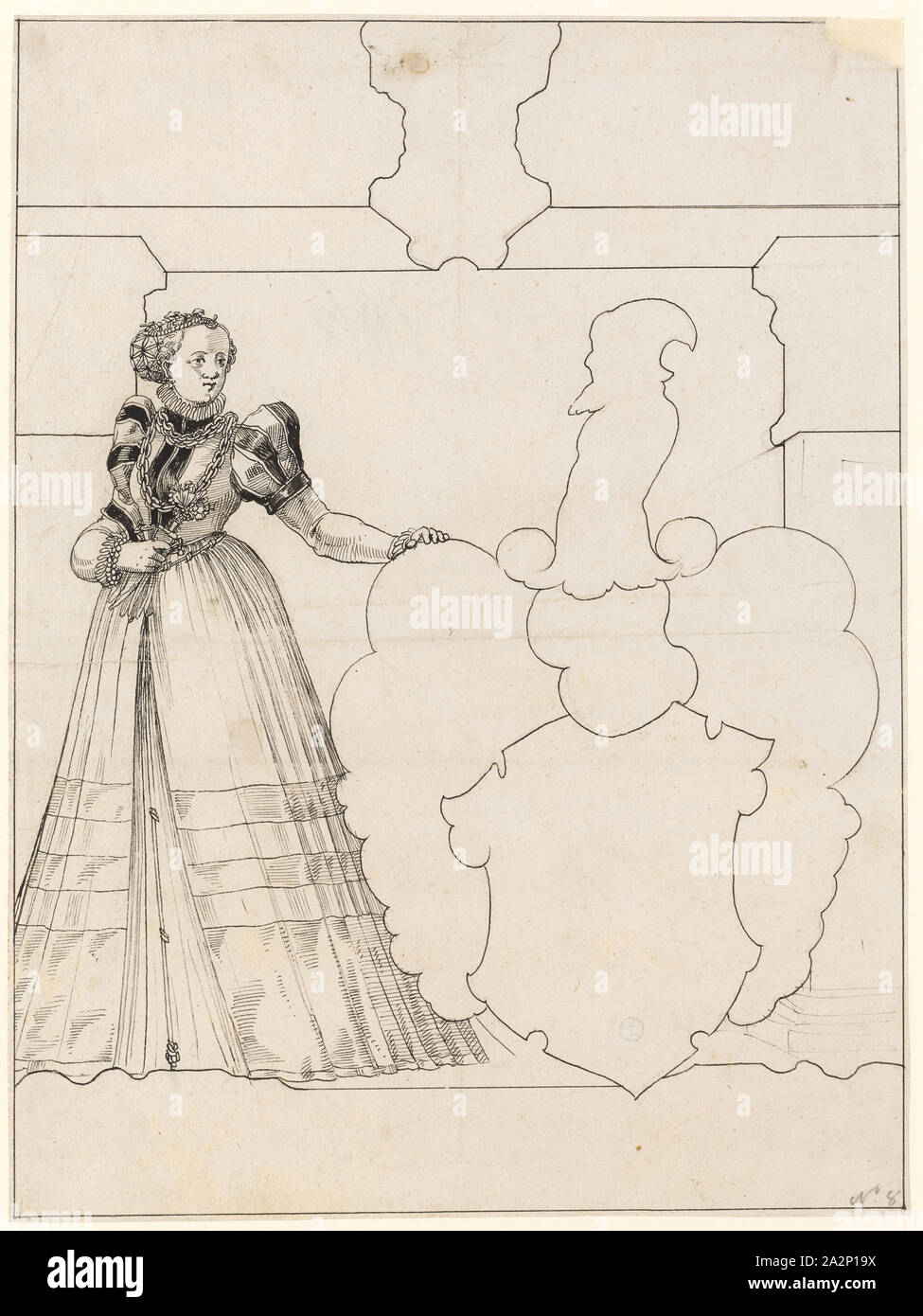 Lacerazione del disco con supporto della protezione e unexecuted cresta (von Römerstall), giù in nero, foglio: 36,4 x 27,2 cm |, IMMAGINE: 36,1 x 26,9 cm, non segnato, Tobias Stimmer, (Umkreis / Circle), Sciaffusa 1539-1584 Strassburg Foto Stock