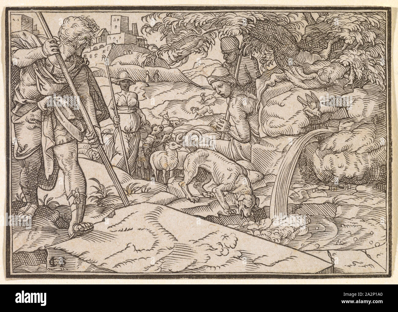 Giacobbe si imbeve le pecore di Rachel (GEN. 29), 1576, xilografia, senza telaio, senza testo, immagine: 6 x 8,5 cm, il brevetto statunitense n. l., monogrammed: IO [lig., = Johann Christoffel tuner], coltello segno, Tobias Stimmer, Sciaffusa 1539-1584 Strassburg, Hans Christoffel Stimmer, Formschneider, 1549 - nach 1578 Foto Stock