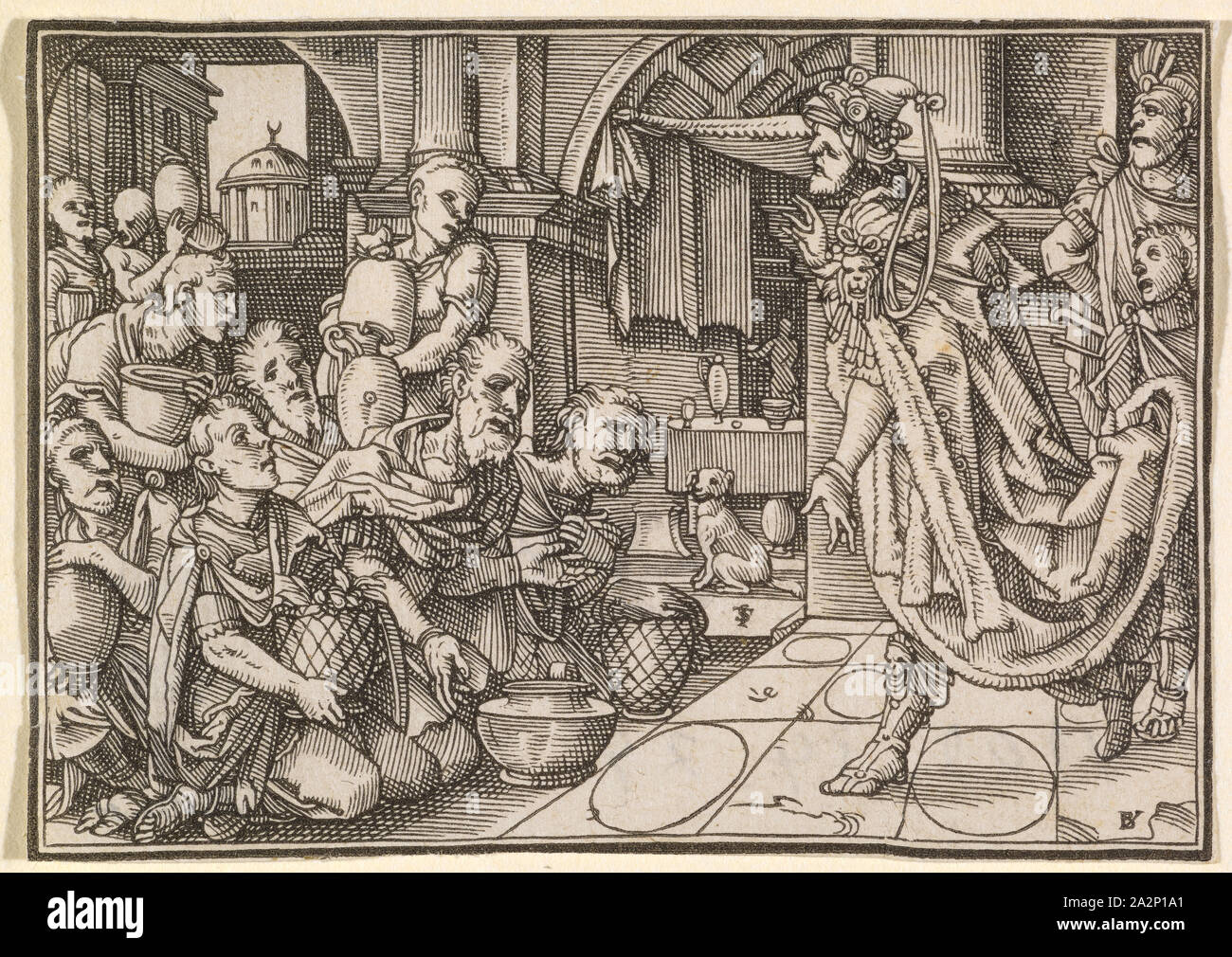 I fratelli di Giuseppe lo porterà doni (GEN. 43), 1576, xilografia, senza telaio, senza testo, immagine: 5,9 x 8,3 cm, Monogrammed in M.: TS [lig.], u, ., r .: BI [lig., = Bernhard Jobin], Tobias Stimmer, Sciaffusa 1539-1584 Strassburg, Bernhard Jobin, Formschneider, vor 1545 - 1593 Foto Stock