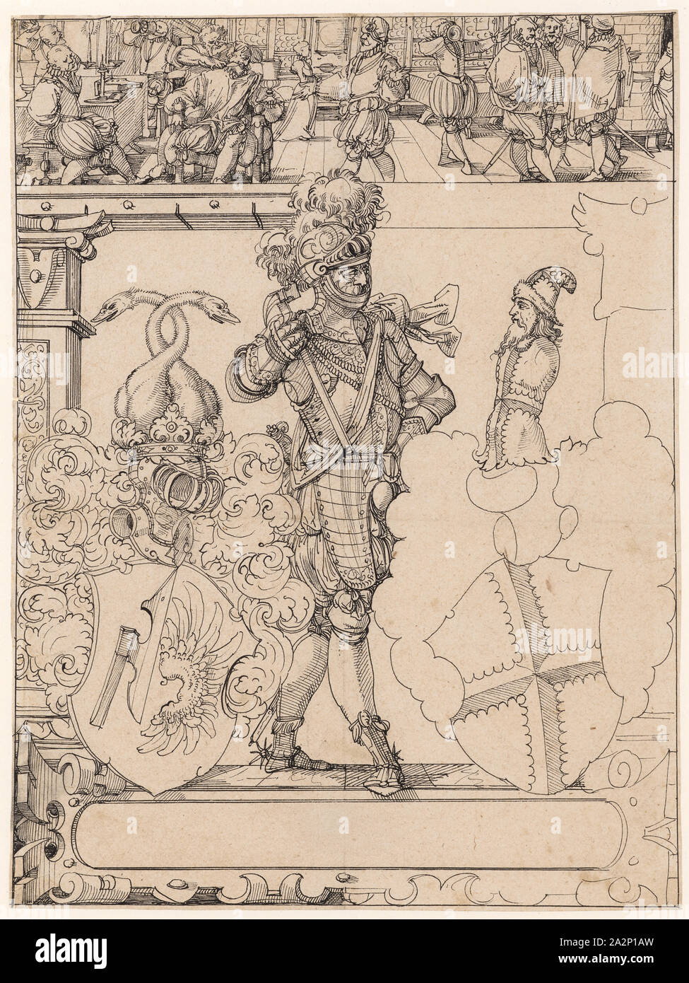 Disco con strappo di un cavaliere helmeted come compagno di schermo e i bracci di Lichtenfels-von Römerstall e von Andlau, nella foto in alto Barbierstube, giù in nero, pagina: 36,4 x 27,3 cm |, Immagine: 36 x 27 cm, non segnato, Tobias Stimmer, (Umkreis / Circle), Sciaffusa 1539-1584 Strassburg Foto Stock