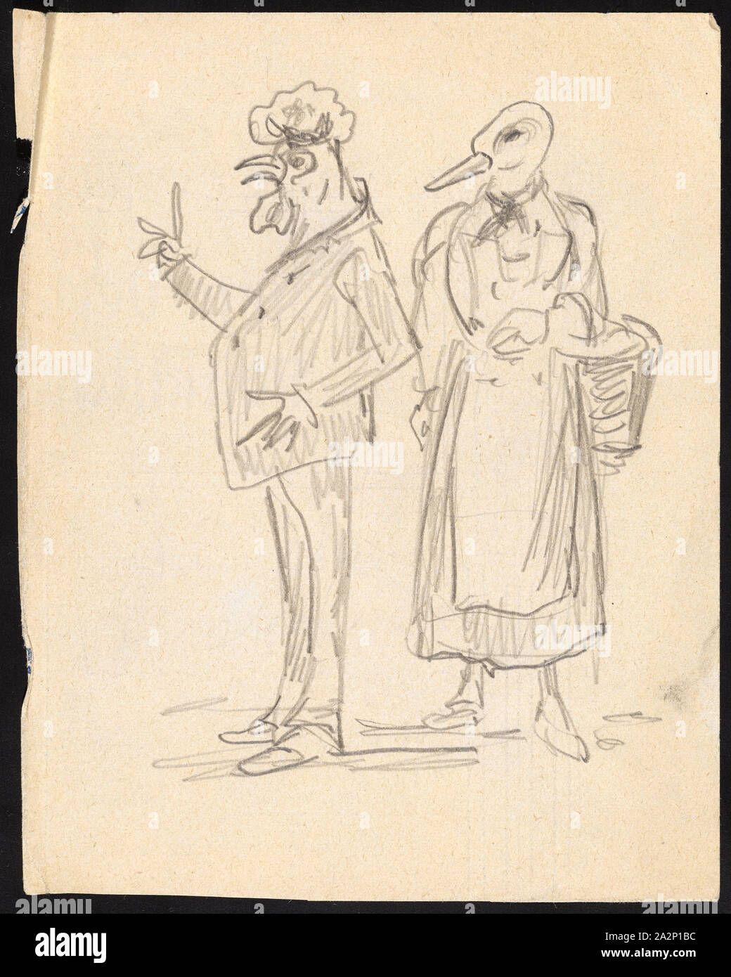 La caricatura di una coppia di sposi: Uomo con testa di Gallo e la donna con testa d'anatra, matita, foglio: 13,9 x 10,9 cm, non marcati, Paolo Franz Otto, 1839-1927 Foto Stock