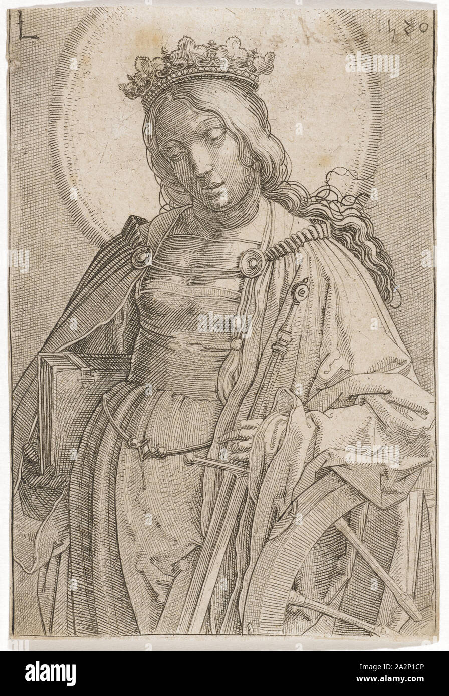 Il hl., Caterina di Alessandria, 1520, di attacco e di incisione su rame, foglio: 11.1 x 7.7 cm, O. l., monogrammed: L, o. r., datata: 1520, Lucas van Leyden, Leiden 1494 (?) - 1533 Leiden Foto Stock