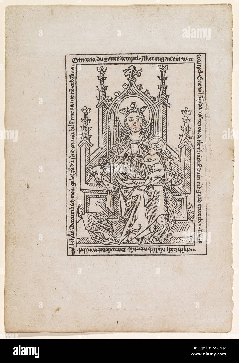 In trono Vergine con Bambino, seconda metà del XV secolo, xilografia, parzialmente colorato, pagina: 30,5 x 21,4 cm |, IMMAGINE: 18,8 x 13 cm, inscritto: O Maria du gottes., tempio., tutti tugent un, era., Gar vil peccatori sarebbe rovinato. avreste acquistato in nit gnad. che uno fa fare?, egli sarebbe in guardia contro il male., Darumb invio la mia preghiera per voi Maria help me per la mia fine Amen, Anonym, Süddeutschland (Augusta), 2. Hälfte 15. Jh Foto Stock