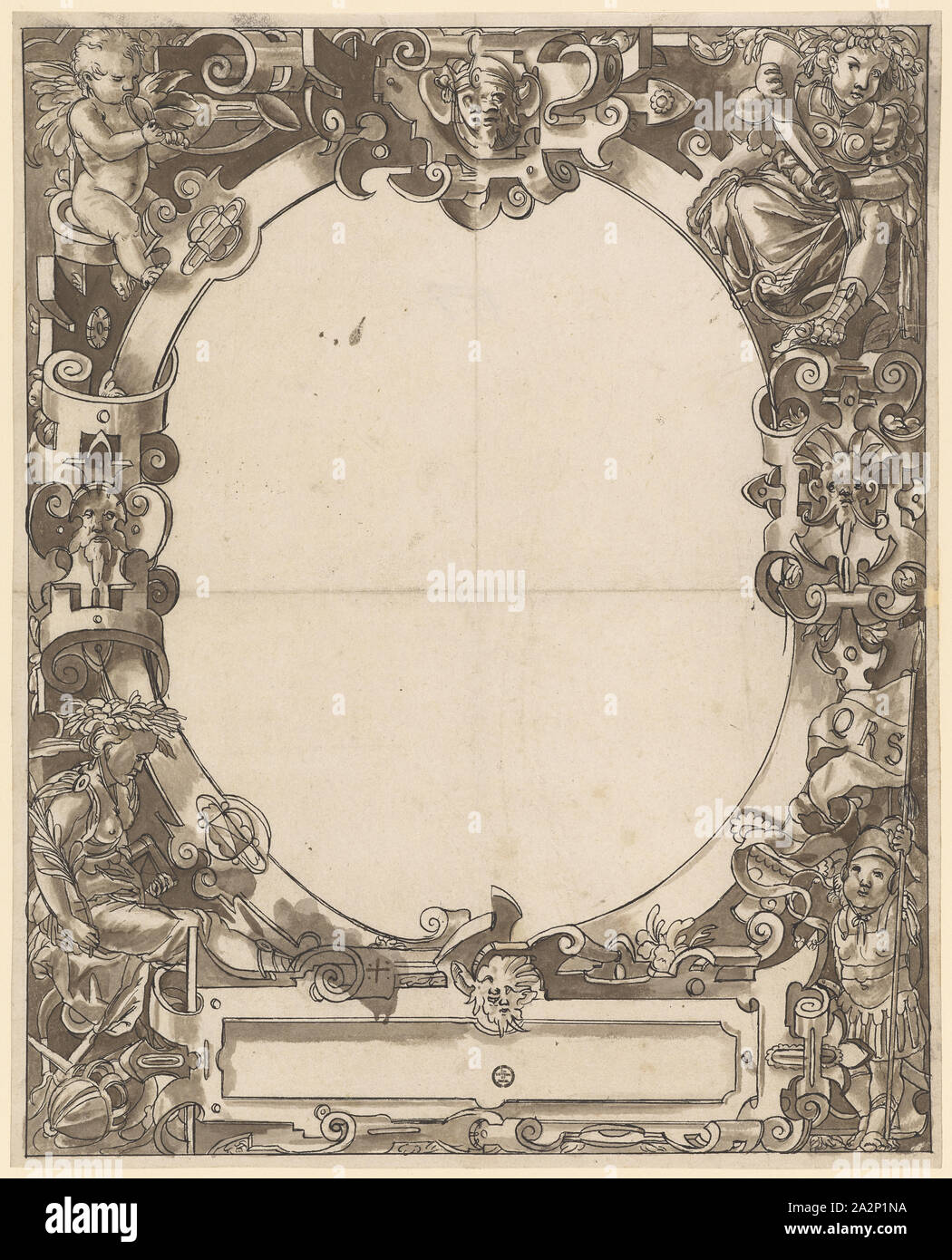 Vetro rotto con cornice ovale e vuoto figura centrale, giù in nero, marrone lavato, foglio: 38,4 x 31 cm |, IMMAGINE: 37,5 x 30,1 cm, non segnato, Hieronymus Vischer, (?), Basilea 1564-1630 Basilea, Hans Brand, (Kopie nach (?) / copia dopo (?), Basilea 1552-1577/78 (?) Basilea Foto Stock