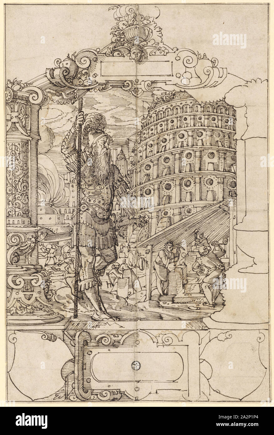 Vetro rotto con merlature a Babele, compresi due stemmi vuota, 1571, giù in marrone scuro, foglio: 31,4 x 20,7 cm, nella foto l., datata e monogrammed sul parapetto: 1571 DLM [lig.], Daniel Lindtmayer d. J., Sciaffusa 1552-1603 Stans Foto Stock